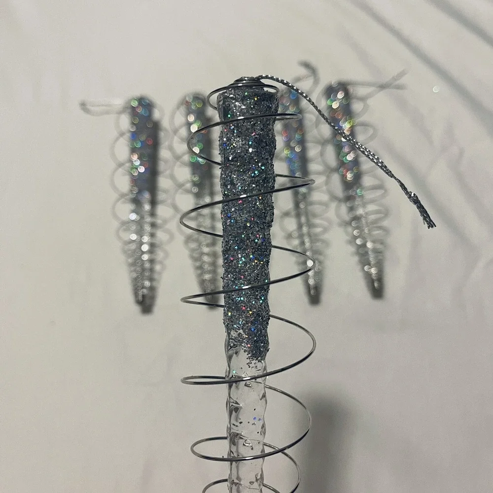 Vintage Icicle Wire‎ Wrapped Ornaments Clear Acrylic Twisted Silver Glitter Mcm